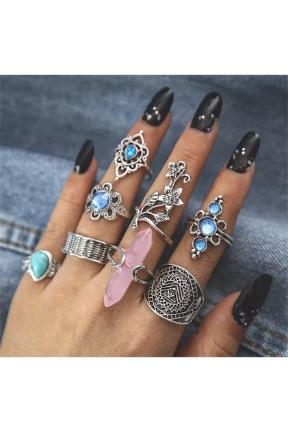 Haze 8 Pieces Metal Stone Vintage Ring Set