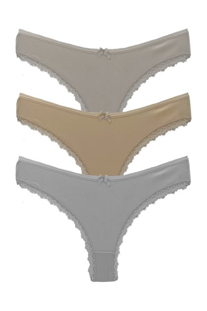 3-Piece Brazilian Women's Panties with Cotton Leg and Lace Detail on the Waist