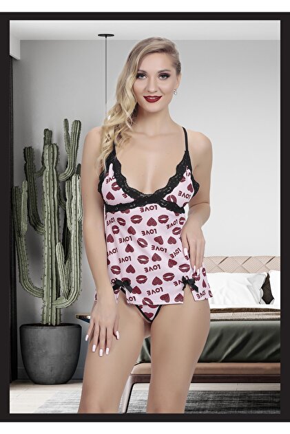Loe Tiessi Women's Pink Printed Lace Detailed Fancy Nightgown Sexy Fantasy  Night Dress New Model- Trendyol