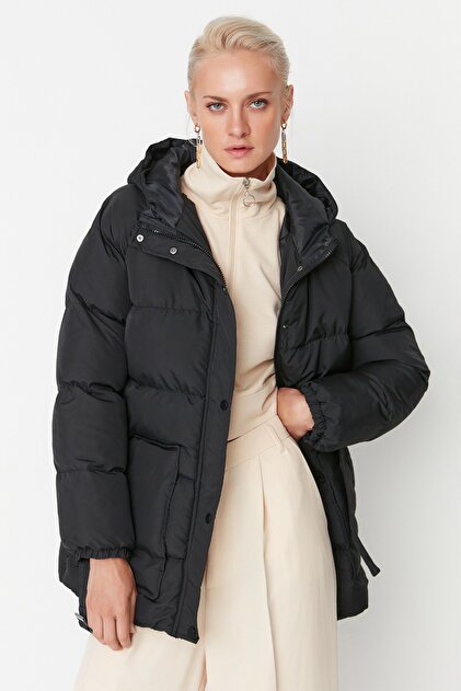Trendyol Collection Black Oversize Molded Hooded Belted Water