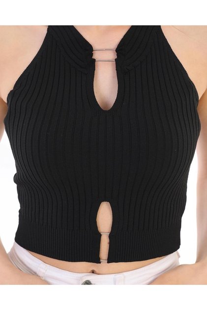 Women's Low-cut Summer Knitwear Black Crop Blouse