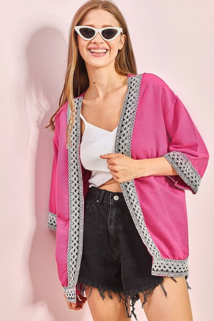 Kimono de damă cu model cu dungi fucsia 40021032
