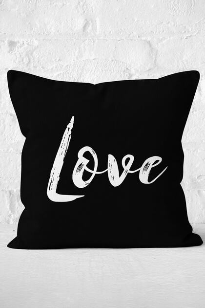 Modern Pillow and Pillow Cover with Love Writing on Black Background