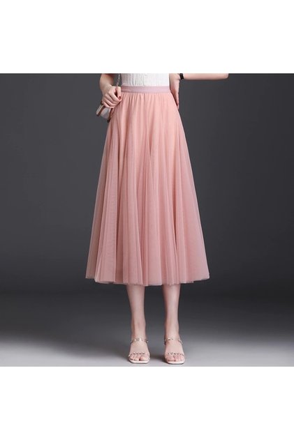 3 Layers Midi Summer Tulle Skirt Casual High Waist Pleated Long Tulle Skirt