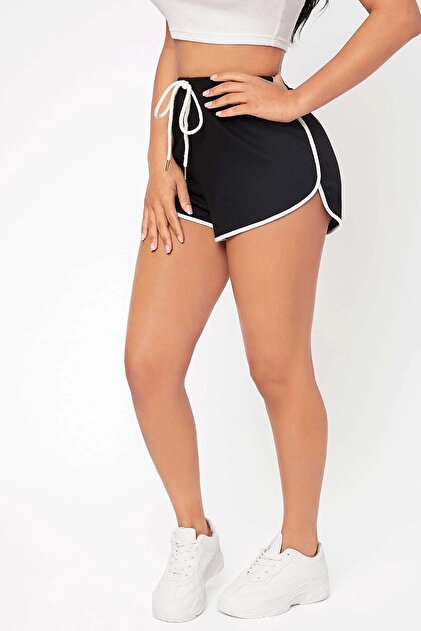 Black Colored White Piping Combed Cotton Slit Drawstring Mini Shorts