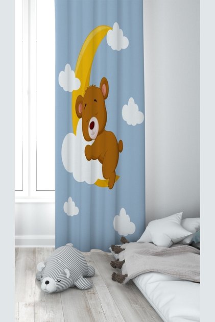 Blue Teddy Bear Patterned Digital Printed Washable Baby Room Background Curtain