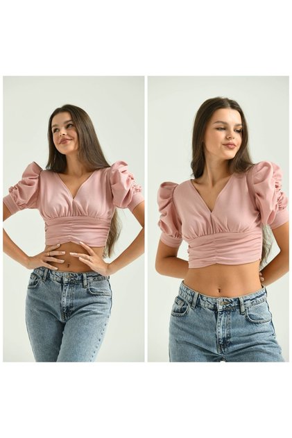 Women's Shoulder Flounce Front Gathered V-Neck Crop Blouse Powder