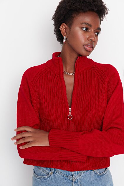 Trendyolmilla Kırmızı Crop Fermuarlı Dik Yaka Basic Triko Kazak