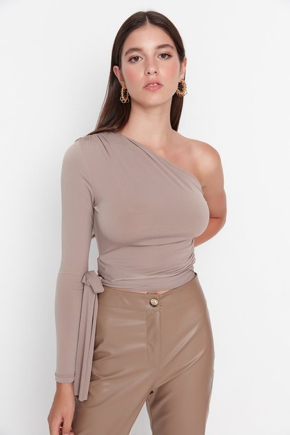 Mink Slim Tie Detailed Single Sleeve Crop Stretchy Knitted Blouse TWOAW23BZ00094