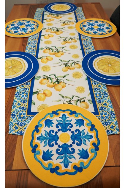 Lemon Patterned Special Design Runner, 4-Piece Charger Plates (Excluding Wooden Charger Plates)