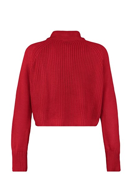 Trendyolmilla Kırmızı Crop Fermuarlı Dik Yaka Basic Triko Kazak