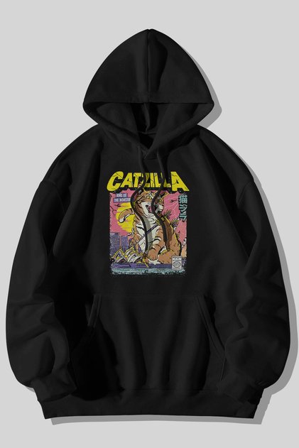 Catzilla Cat Printed Unisex Black Kangaroo Pocket Hooded Sweatshirt Hoodie