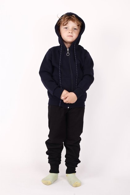 Unisex Children's Hooded Zippered Three Thread Winter Navy Blue Fleece Sweatshirt Cardigan