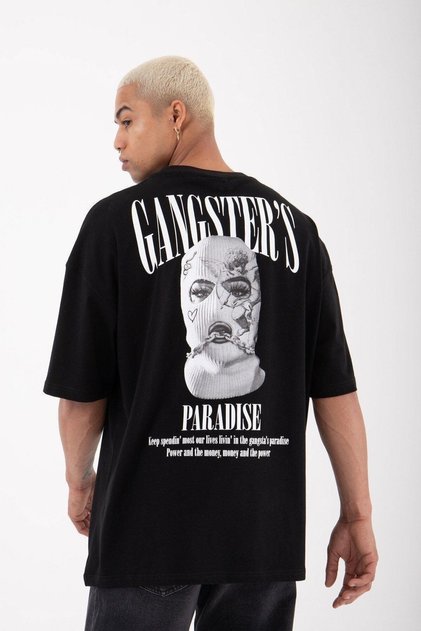Plus Size Black Gangster's Paradise Printed Oversize Crew Neck T-shirt