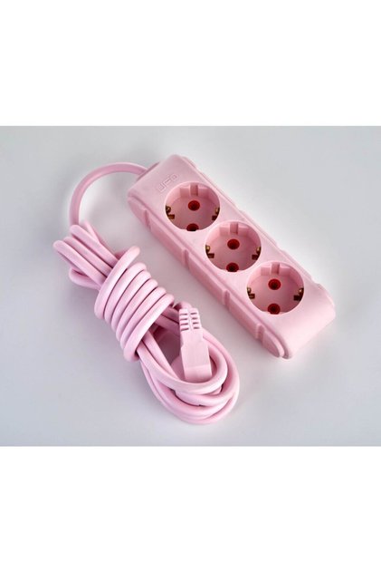 Elektrik Pembe Renkli Üçlü Topraklı Kablolu Topraklı Grup Priz 3 Metre