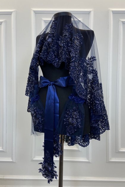 Navy Blue Vip Luxury Bridal Veil Set, Wide Appliqué Henna Night Veil 6 Piece Set