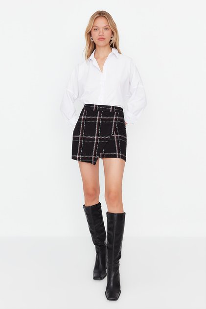 Black Checkered Tweed Fabric Double Breasted Mini Length Woven Skirt Twoaw23Et00050