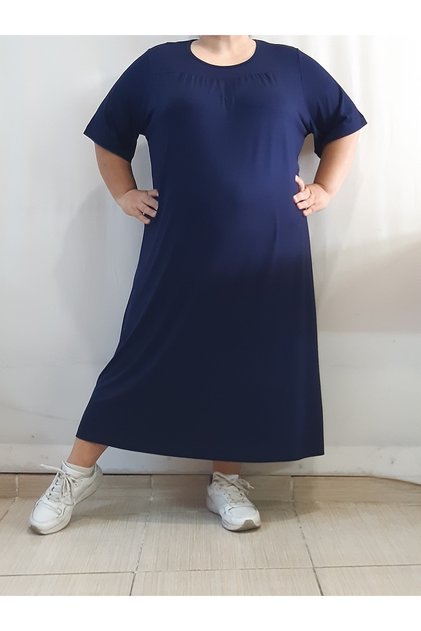 Navy Blue Combed Cotton Viscose Dress with Cutouts on the Front and Back and Gathered Detail