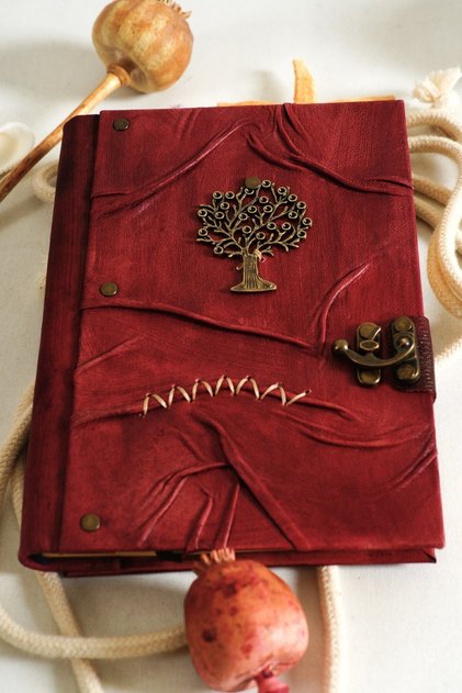 Handmade Genuine Leather Daily Scrapbook Shamua Paper Metal Tree of Life