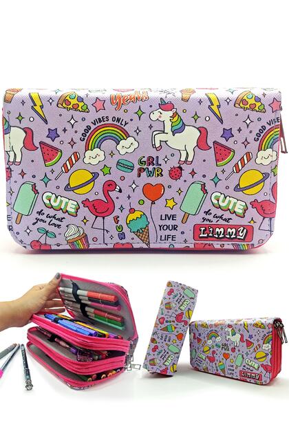 Μολυβοθήκη Unicorn-Flamingo με σχέδια Kawai Organizer Μολυβοθήκη Vegan Δερμάτινη θήκη για στυλό με τρία διαμερίσματα