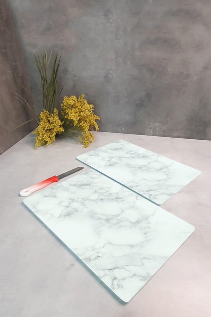 Glass Cutting Board - Glass Cutting Table | Set of 2 Classic Marble Look | 20cm X 30cm