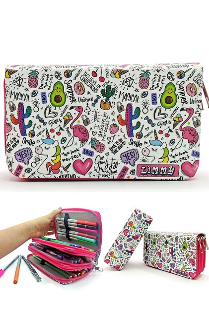 Trusa pentru creion Unicorn-flamingo-avocado cu model Kawai Organizator Pen Box Suport pentru stilou cu trei compartimente