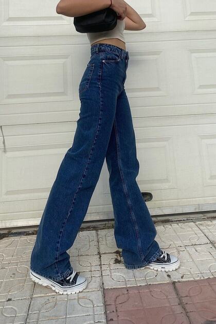 Ramrod Lost Koyu Mavi Yüksek Bel Bol Paça Denim Kot Pantolon