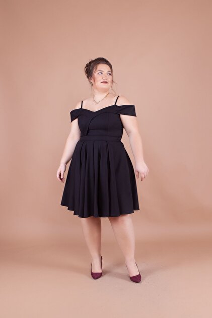 Bidoluelbise Women's Plus Size Strappy Off-Shoulder Detail Pleated Mini  Length Dress- Trendyol