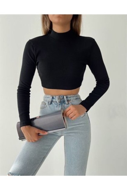 Women's Ribbed Half Turtleneck Camisole Crop Blouse