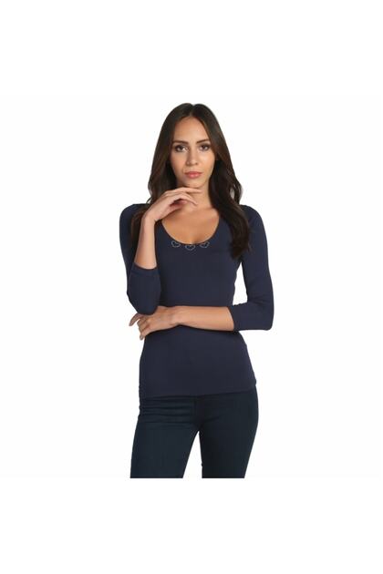 Kadın Lacivert 3/4 Kollu Tişört - Bga783483
