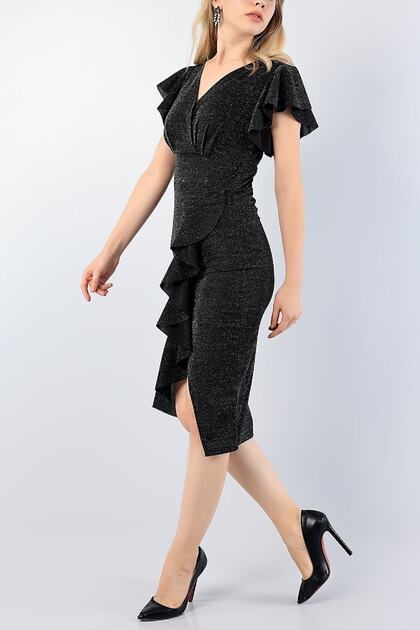 Rochie de seară cu volan negru, cu decolteu dublu, cu fante, cu sclipici, rochie de absolvire de seară 121 582046