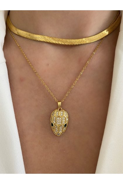 Big Stoned Snake Steel Non-Tarnish Gold Necklace