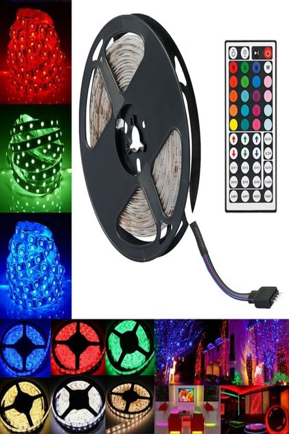 Rgb Şerit Led 3 Çipli–5 Metre Iç Mekan-12v 5a Silim Adaptör -44tuşlu Kontrol Kutusu Radio Frekanslı