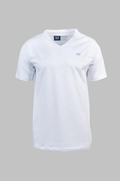 Mabross Erkek Beyaz Pamuklu Likralı V-yaka Slim Fit T-shirt