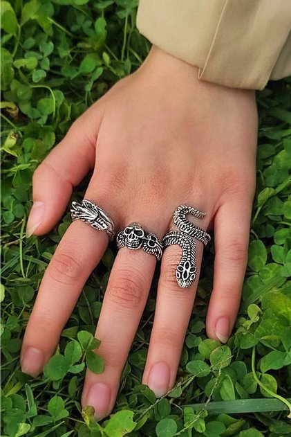 Unisex Gümüş Kaplama Ayarlanabilir Yüzük Set