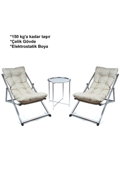 Premium Konfor Minderli Katlanır Şezlong Seti - İkili Bahçe Balkon Teras Plaj Şezlongu + Sehpa