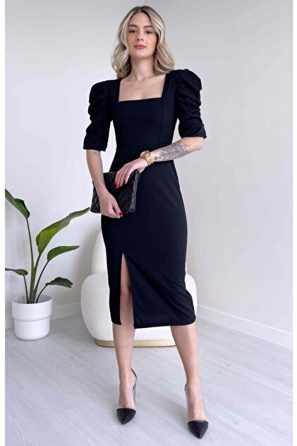 vuvutasarm Square Neck Stretchy Fabric Midi Length Short Sleeve Black Evening & Graduation Dress 026- Trendyol vuvutasarm Square Neck Stretchy Fabric Midi Length Short Sleeve Black Evening & Graduation Dress 026- Trendyol