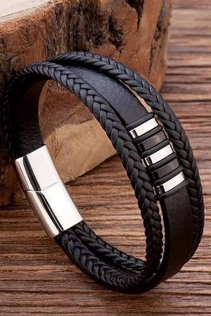 Men's Black Magnetic Buckle Braided Bracelet Edb3455