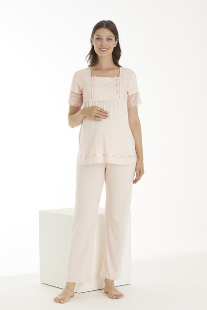 Salmon Lace Detailed Maternity and Maternity Pajamas Set