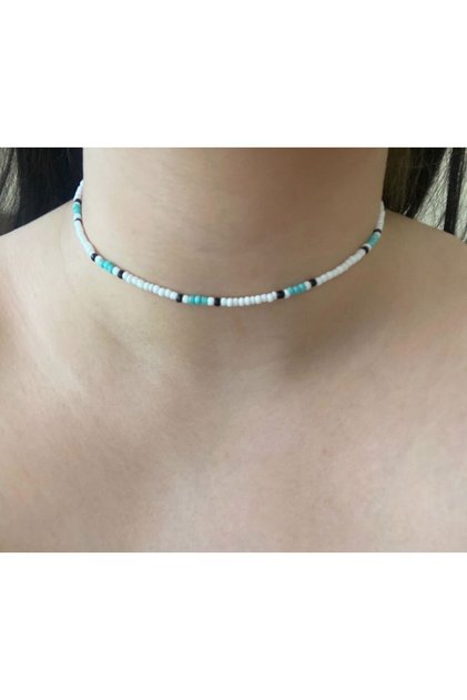 Macrame Weave White Blue Bead Necklace
