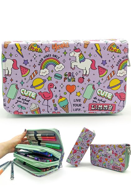Trusa pentru creion Unicorn-flamingo Kawai Organizator Pen Box din piele vegană Suport stilou cu trei compartimente - verde