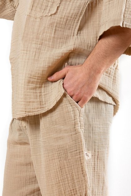 Men's Muslin Elastic Beige Baggy Pants