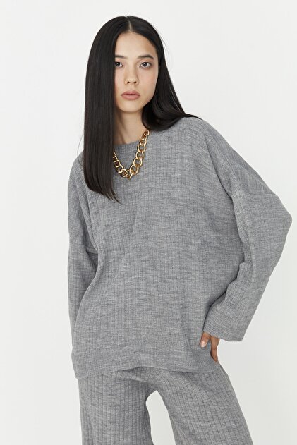 Trendyol Collection Gray Wide Fit Basic Ribbed Knitwear Bottom-Top Set Twoss20Au0084- Trendyol