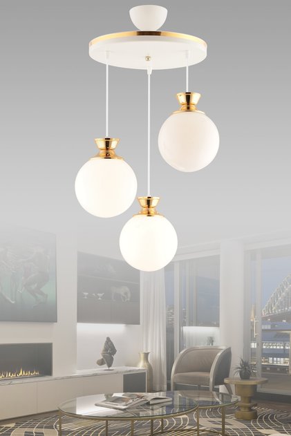 Dilara 3 Lü Tepsi Beyaza Gold Yuvarlak Camlı Salon Avizesi