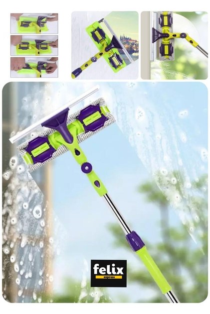 Teleskopik Çift Taraflı Çek Çekli Camsil Duvar Yüzey Cam Silme Aparatı Mop Mikrofiber Sprey