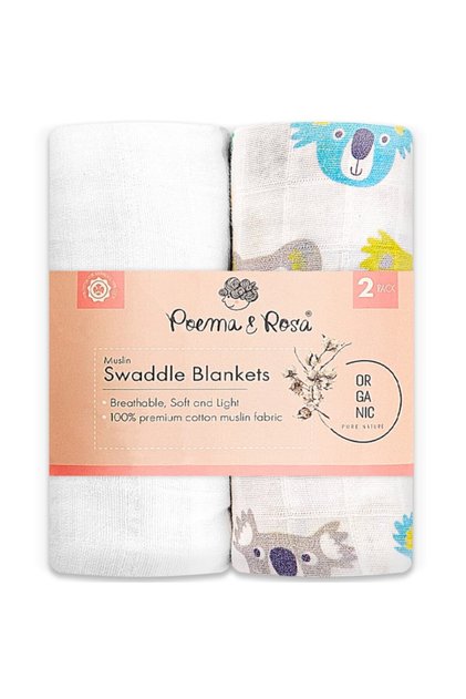 Poema & Rosa 2-Pack Muslin Blanket | 100% Cotton | Organic | 110 cm X 80 cm | Super Soft (Koala)