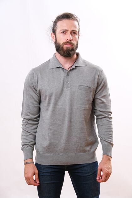 Wool Polo Neck Knitwear Sweater - Light Gray