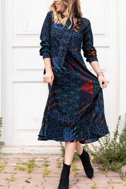 XHAN Kadın Koyu Lacivert Simetrik Desen Elbise 8YXK6-30519-14 - 1