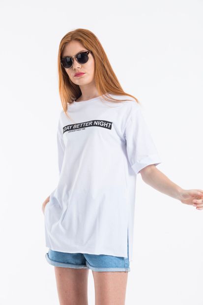 modavingo Kadın Beyaz Good Day Baskılı Oversize T-shirt - 3