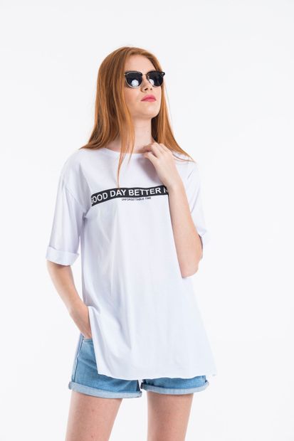modavingo Kadın Beyaz Good Day Baskılı Oversize T-shirt - 4